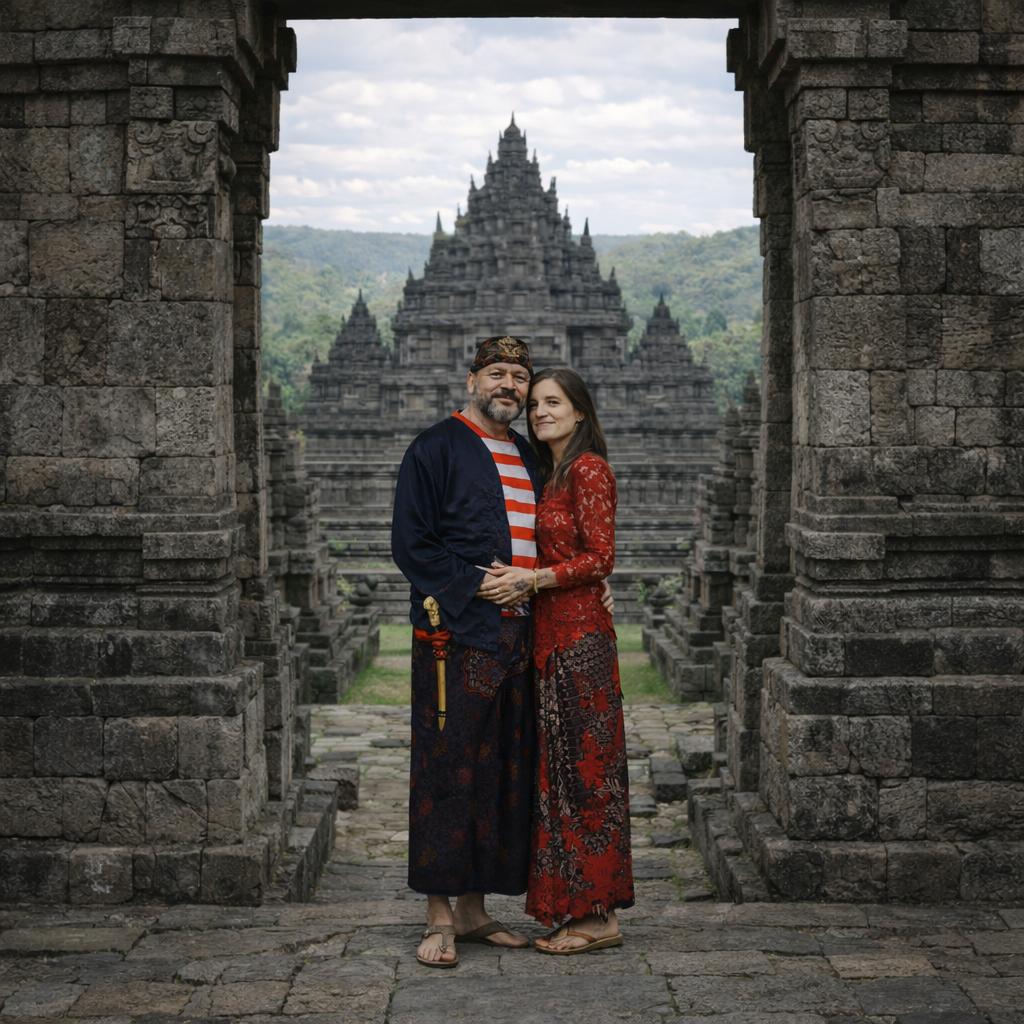 David Gallas en Melanie Webb bij Prambanan