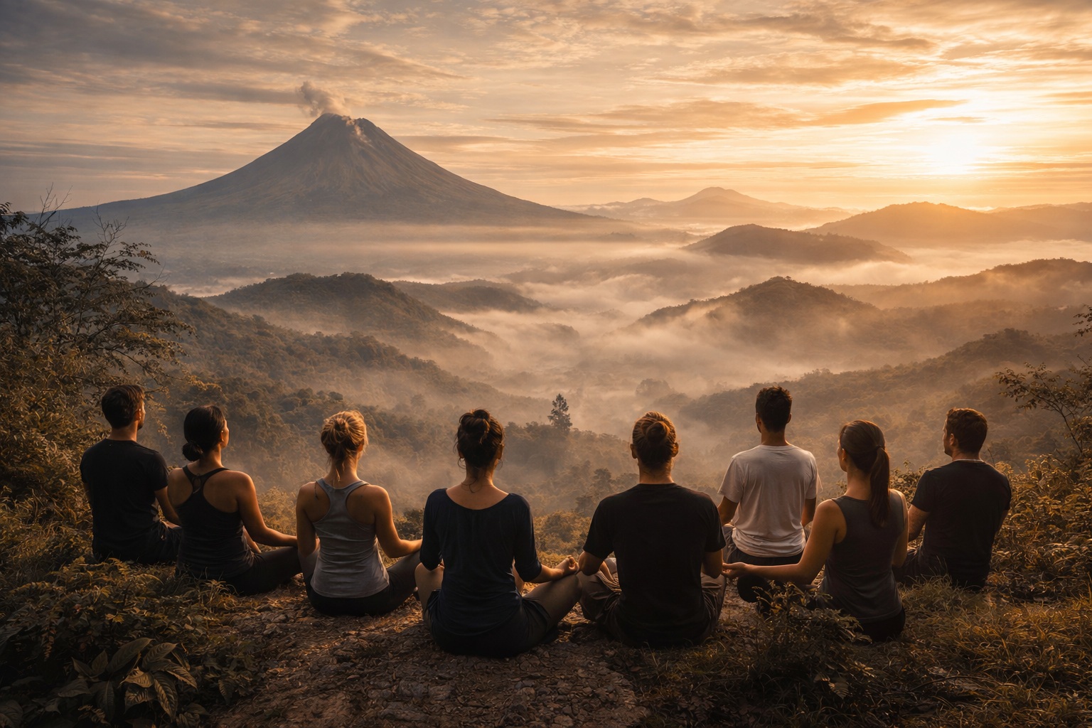 Meditatie op een berg in Java tijdens zonsopkomst